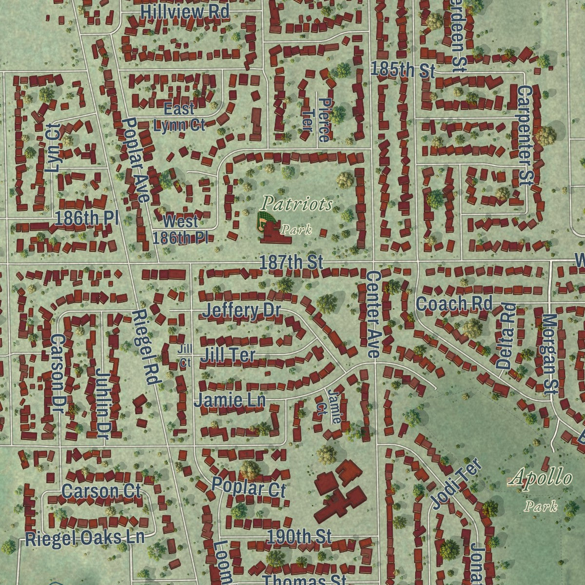 Close-up of the map of Homewood, Illinois print showing street and building detail
