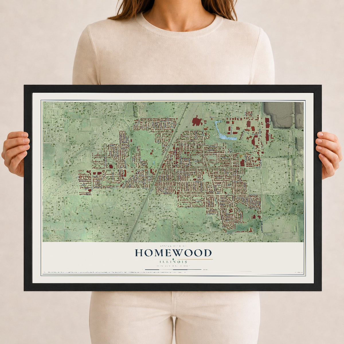 Map of Homewood, Illinois, 12 x 18 inch print in a black wood frame