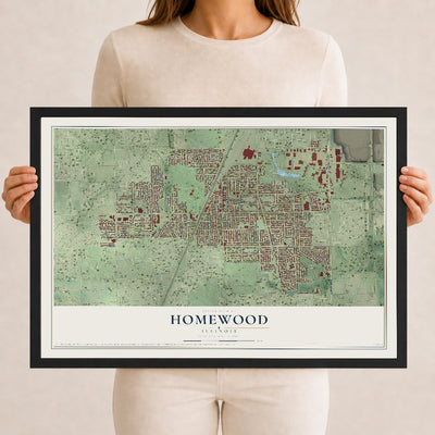 Map of Homewood, Illinois, 12 x 18 inch print in a black wood frame