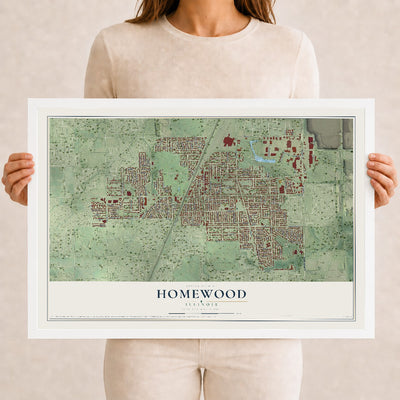 Map of Homewood, Illinois, 12 x 18 inch print in a white wood frame