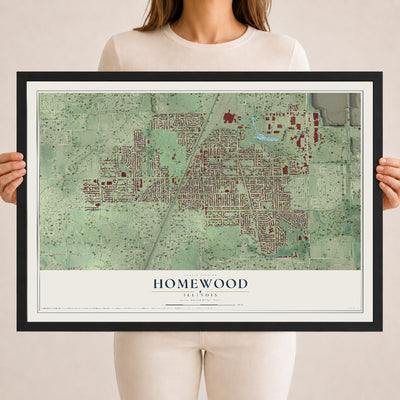 Map of Homewood, Illinois, 18 x 24 inch print in a black wood frame