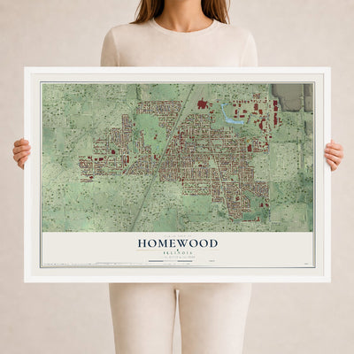 Map of Homewood, Illinois, 24 x 36 inch print in a white wood frame