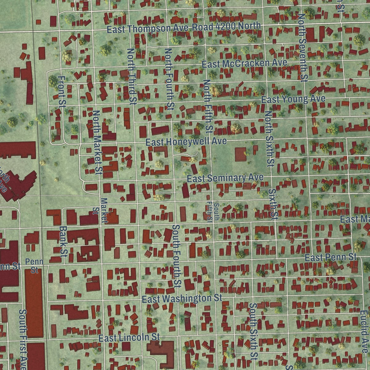 Close-up of the map of Hoopeston, Illinois print showing street and building detail