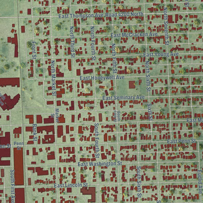 Close-up of the map of Hoopeston, Illinois print showing street and building detail