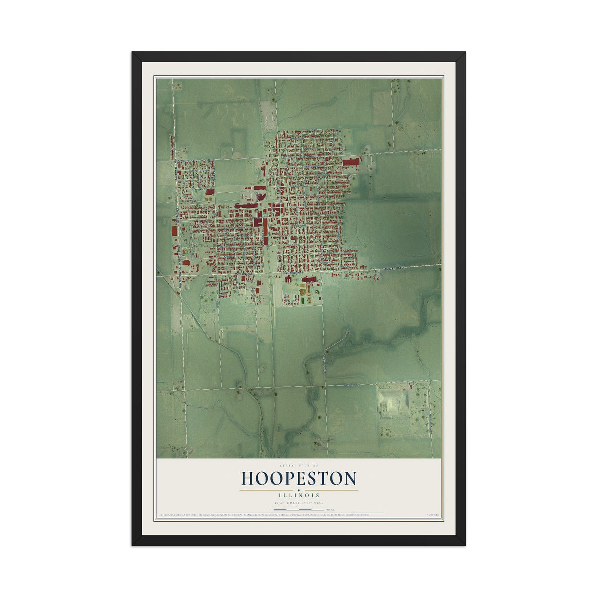 Map of Hoopeston, Illinois, 12 x 18 inch print in a black wood frame