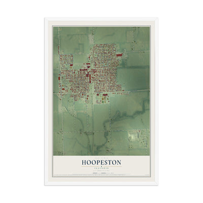 Map of Hoopeston, Illinois, 12 x 18 inch print in a white wood frame