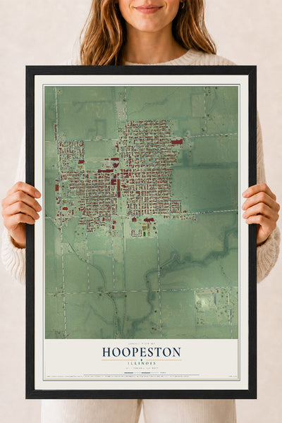 Map of Hoopeston, Illinois, 18 x 24 inch print in a black wood frame