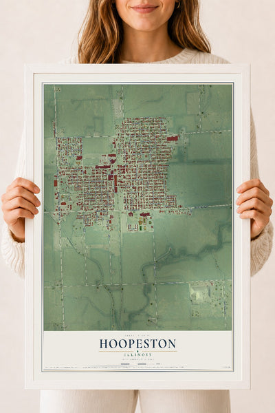 Map of Hoopeston, Illinois, 18 x 24 inch print in a white wood frame