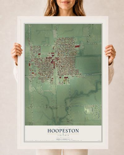 Map of Hoopeston, Illinois, 24 x 36 inch print in a white wood frame