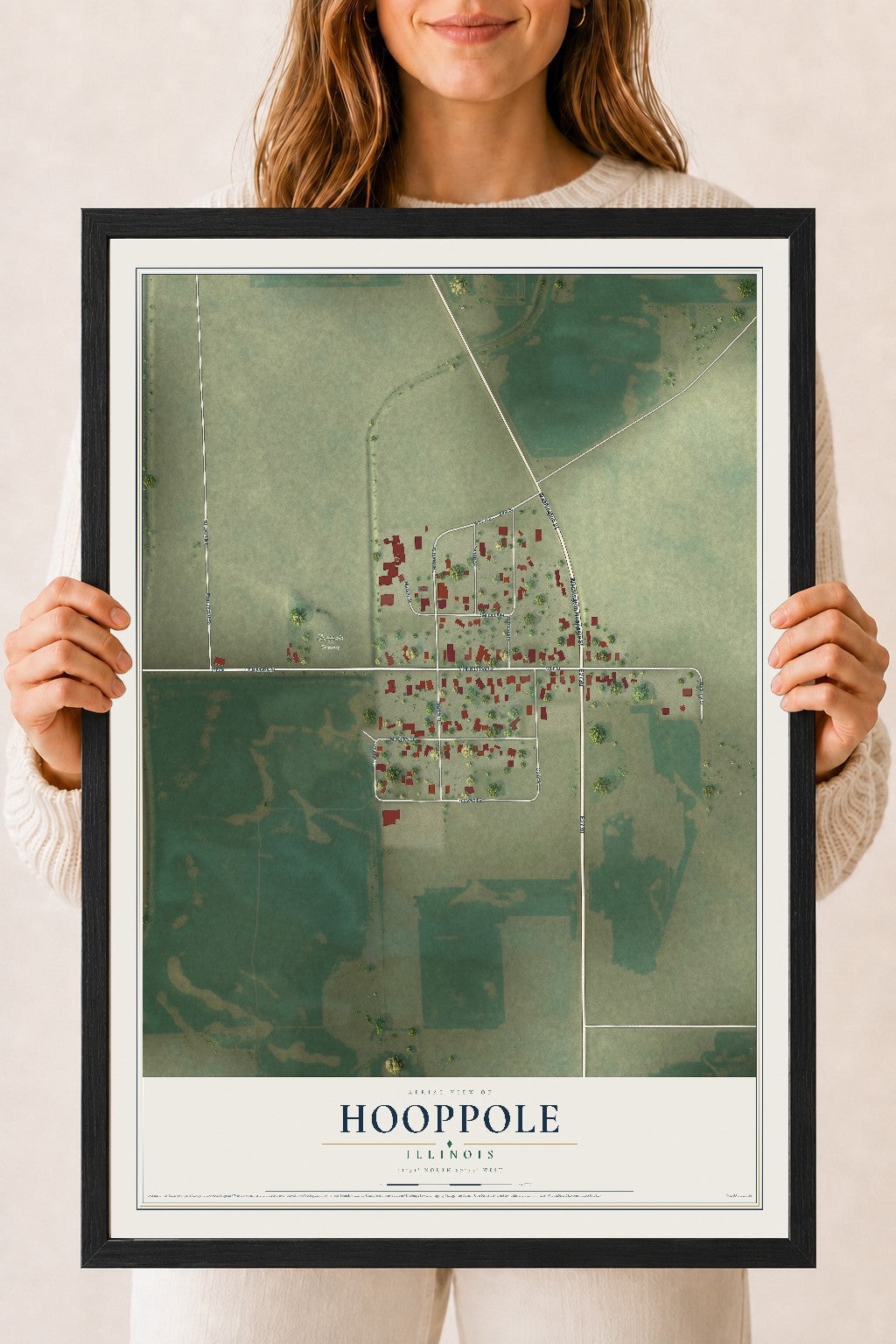 Map of Hooppole, Illinois, 18 x 24 inch print in a black wood frame