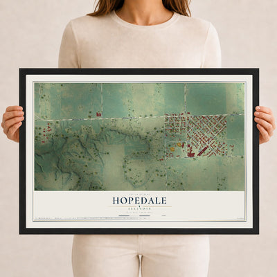 Map of Hopedale, Illinois, 12 x 18 inch print in a black wood frame
