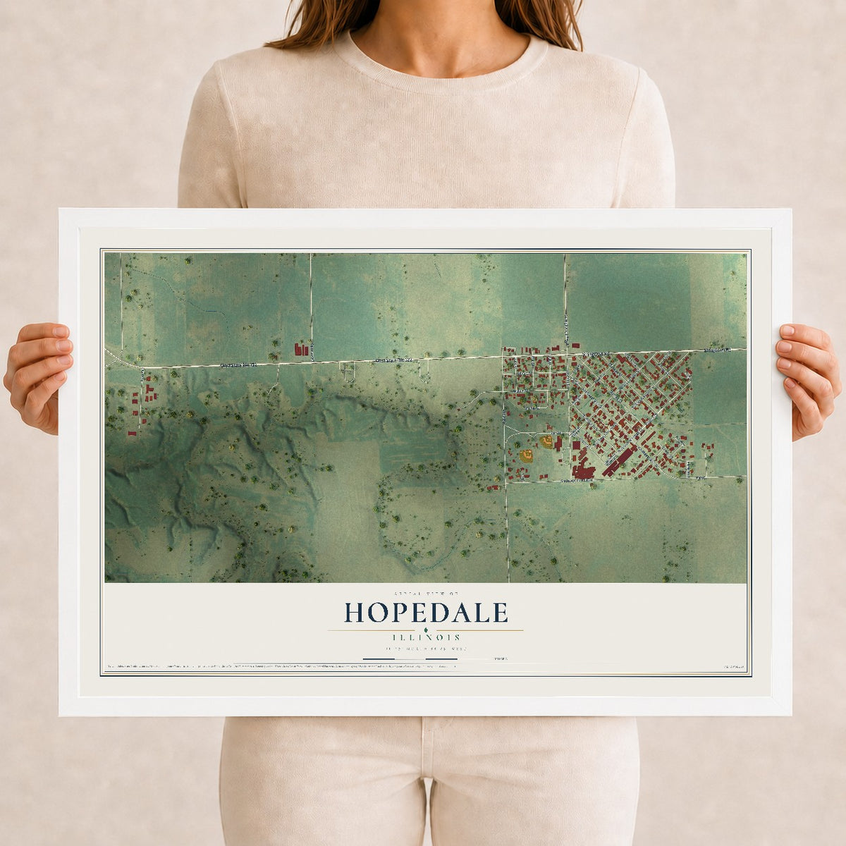 Map of Hopedale, Illinois, 12 x 18 inch print in a white wood frame