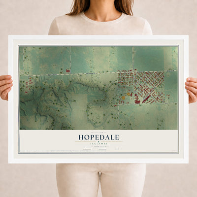 Map of Hopedale, Illinois, 18 x 24 inch print in a white wood frame