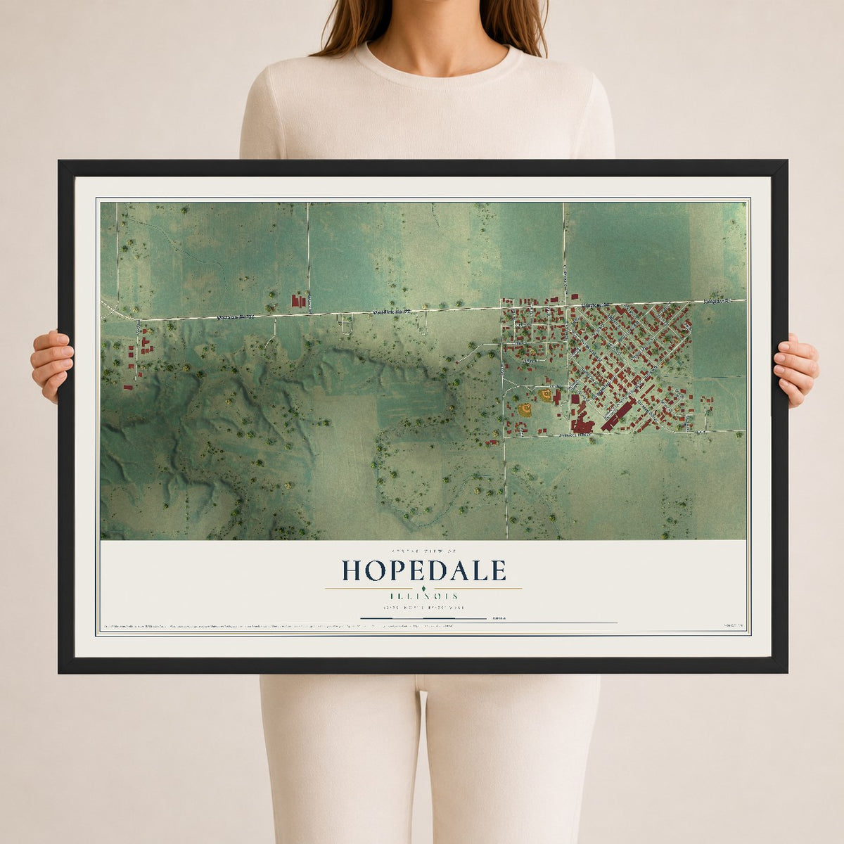 Map of Hopedale, Illinois, 24 x 36 inch print in a black wood frame