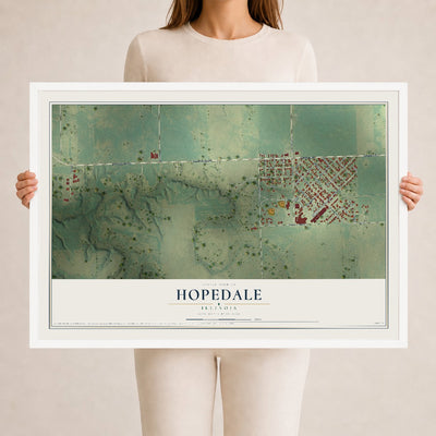 Map of Hopedale, Illinois, 24 x 36 inch print in a white wood frame
