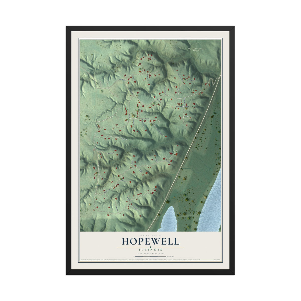 Map of Hopewell, Illinois, 12 x 18 inch print in a black wood frame