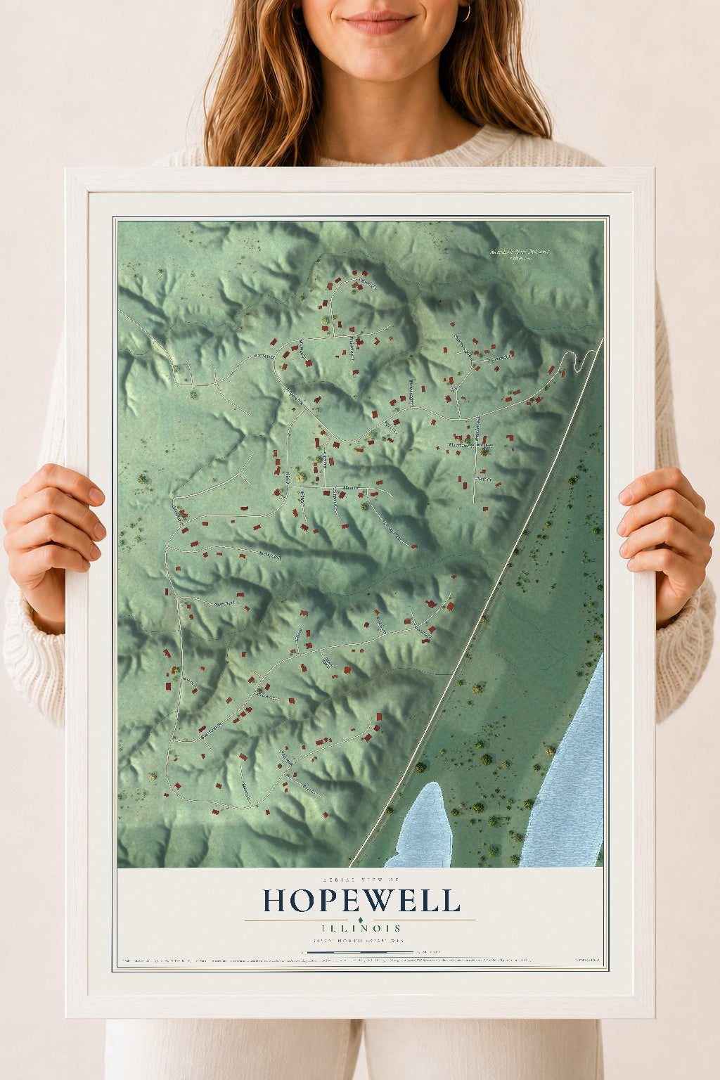 Map of Hopewell, Illinois, 18 x 24 inch print in a white wood frame