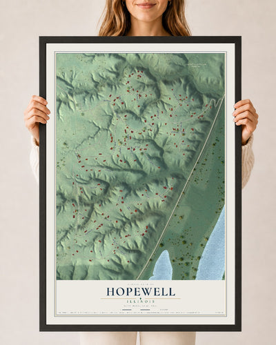 Map of Hopewell, Illinois, 24 x 36 inch print in a black wood frame