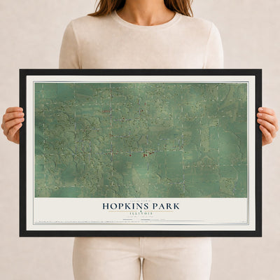 Map of Hopkins Park, Illinois, 12 x 18 inch print in a black wood frame
