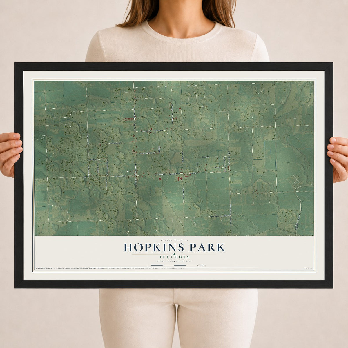 Map of Hopkins Park, Illinois, 18 x 24 inch print in a black wood frame