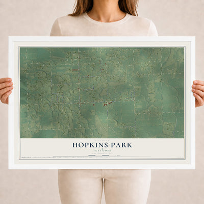 Map of Hopkins Park, Illinois, 18 x 24 inch print in a white wood frame