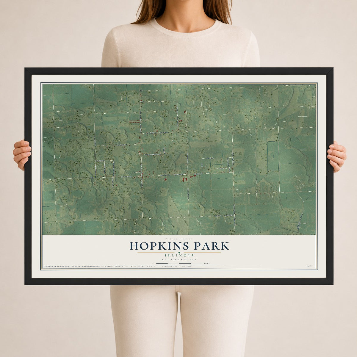 Map of Hopkins Park, Illinois, 24 x 36 inch print in a black wood frame
