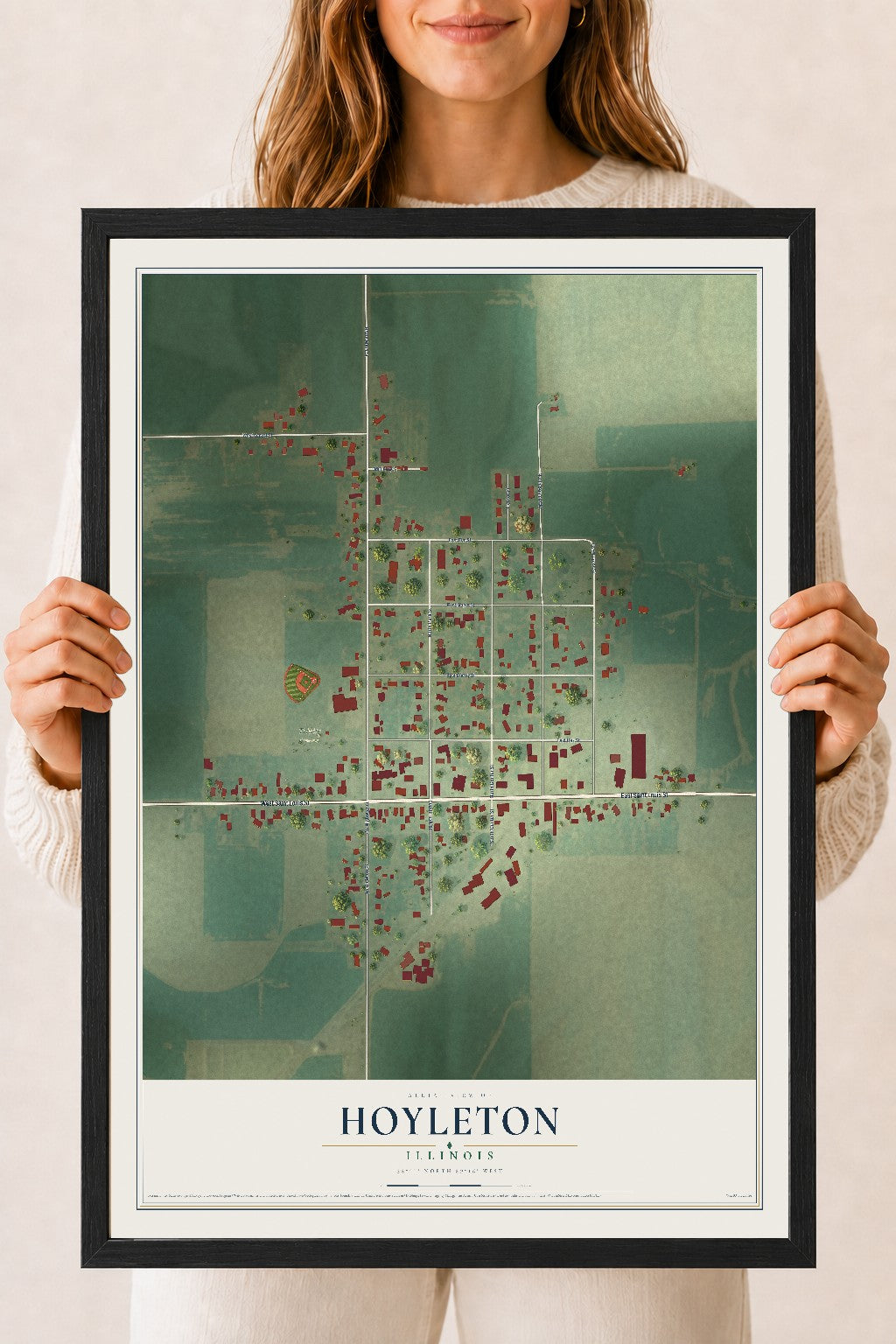 Map of Hoyleton, Illinois, 18 x 24 inch print in a black wood frame