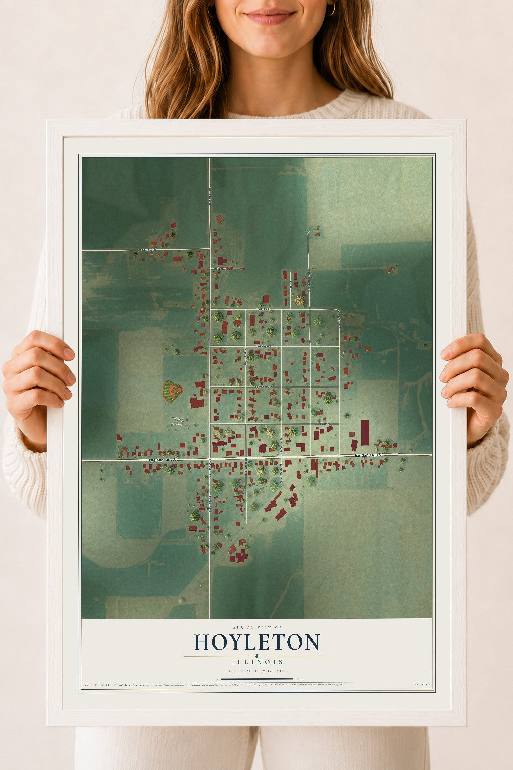 Map of Hoyleton, Illinois, 18 x 24 inch print in a white wood frame
