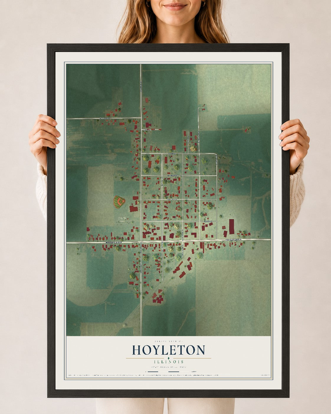Map of Hoyleton, Illinois, 24 x 36 inch print in a black wood frame