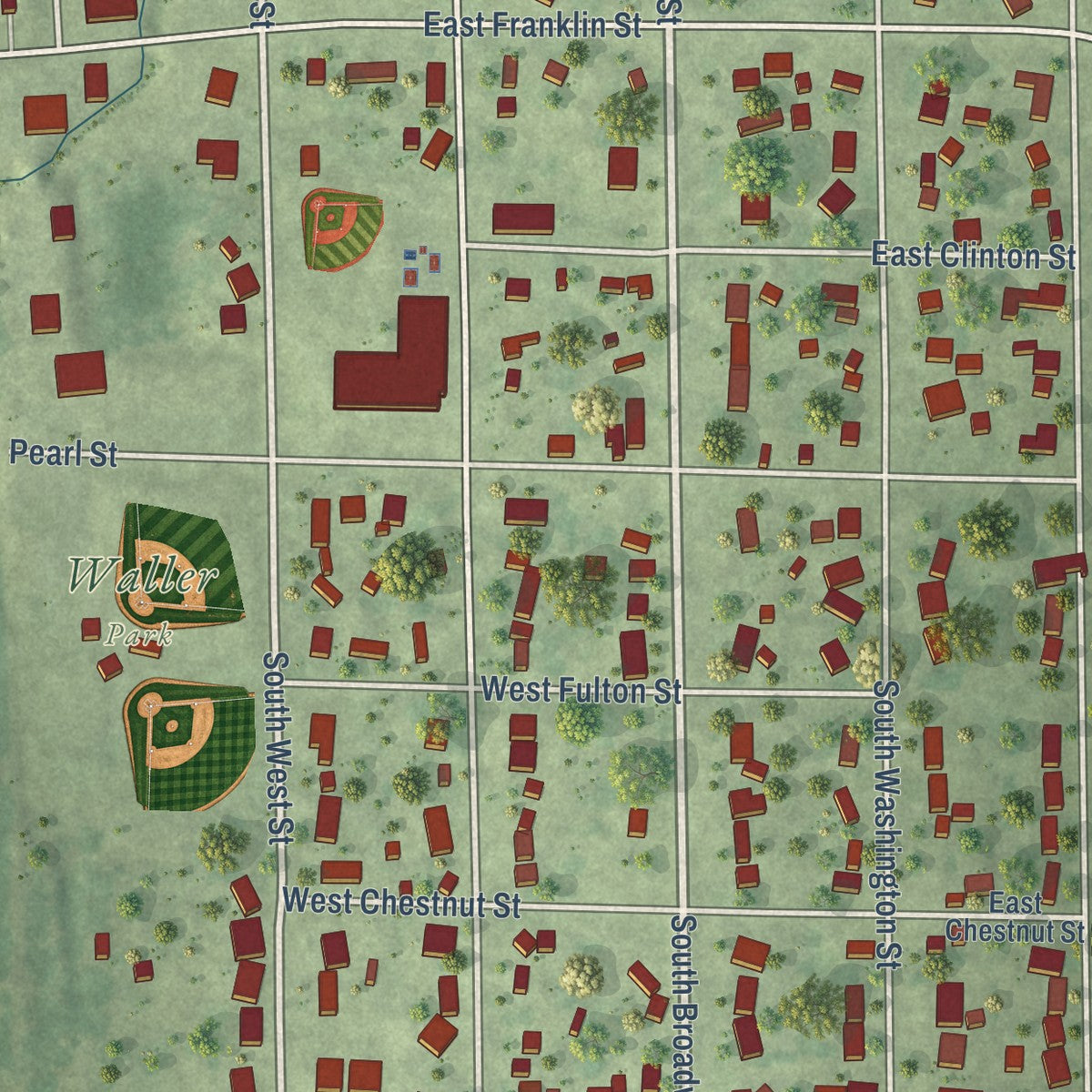 Close-up of the map of Hudson, Illinois print showing street and building detail