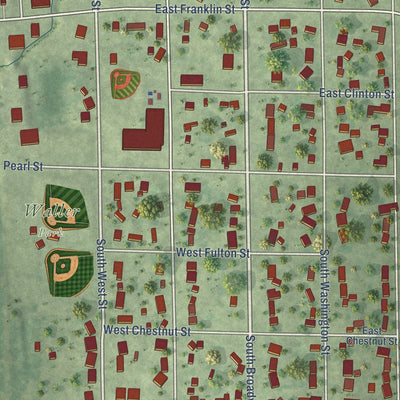 Close-up of the map of Hudson, Illinois print showing street and building detail