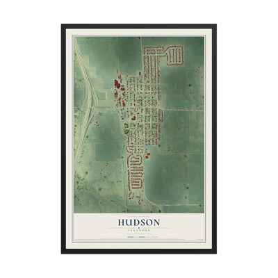 Map of Hudson, Illinois, 12 x 18 inch print in a black wood frame