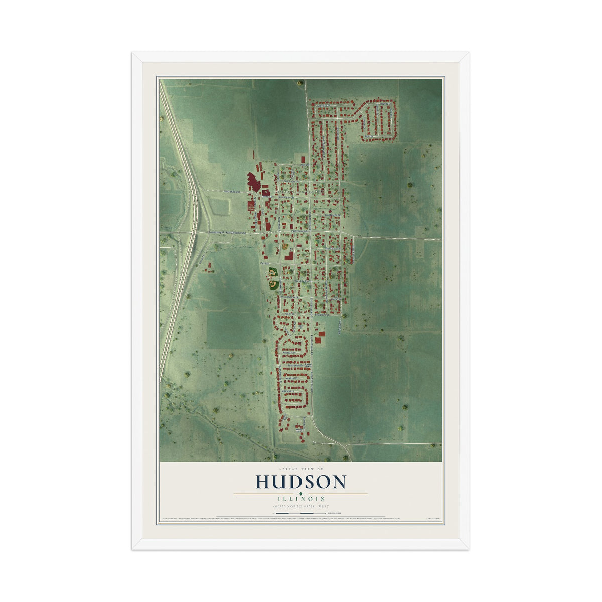 Map of Hudson, Illinois, 12 x 18 inch print in a white wood frame