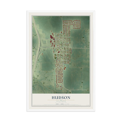 Map of Hudson, Illinois, 12 x 18 inch print in a white wood frame