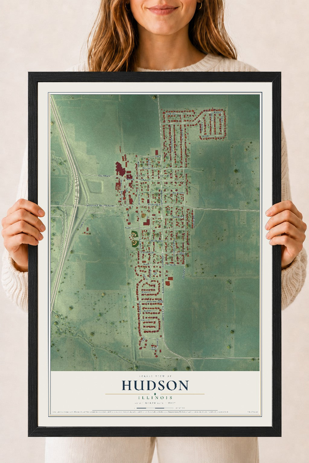 Map of Hudson, Illinois, 18 x 24 inch print in a black wood frame