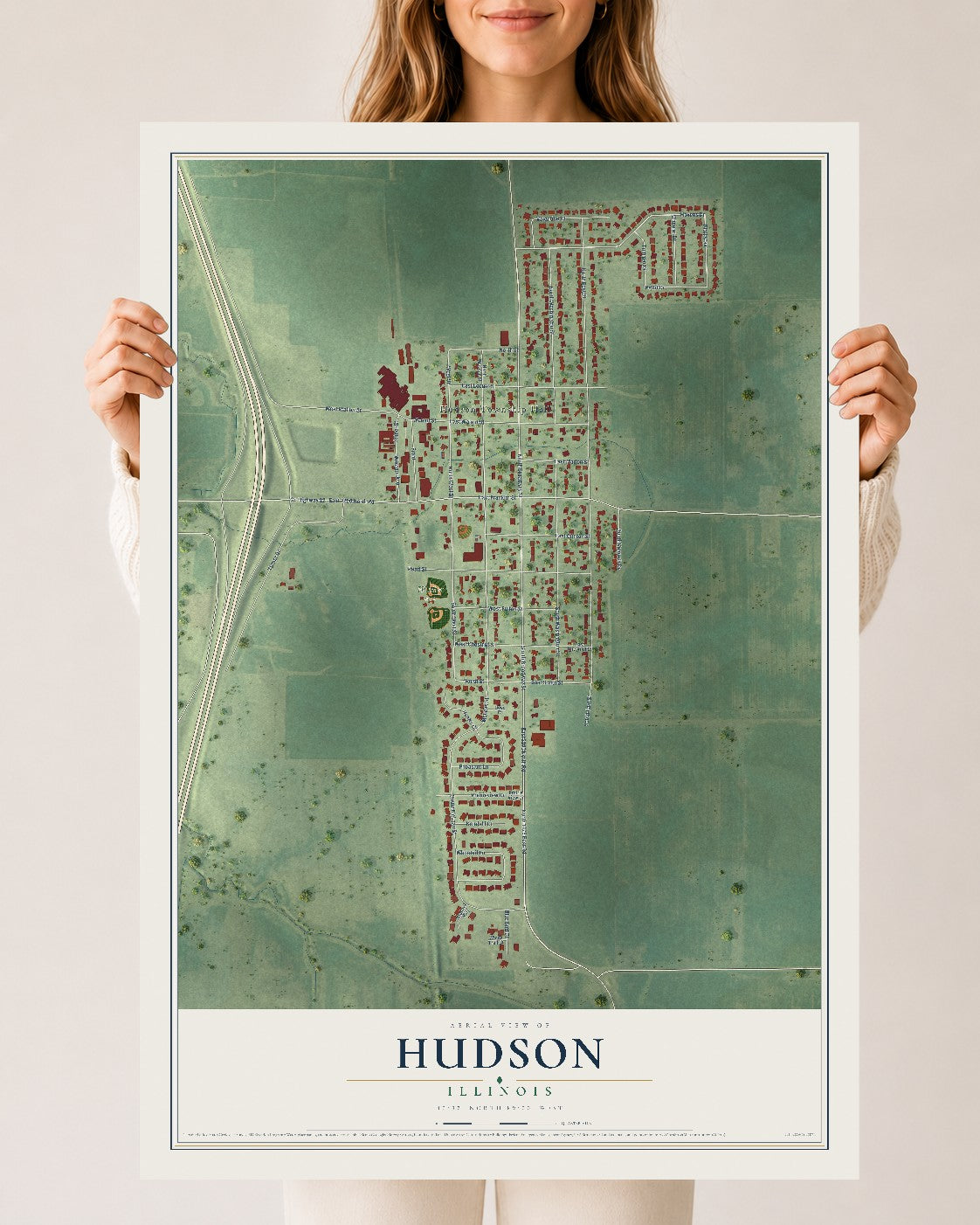 Map of Hudson, Illinois, 24 x 36 inch unframed archival matte print