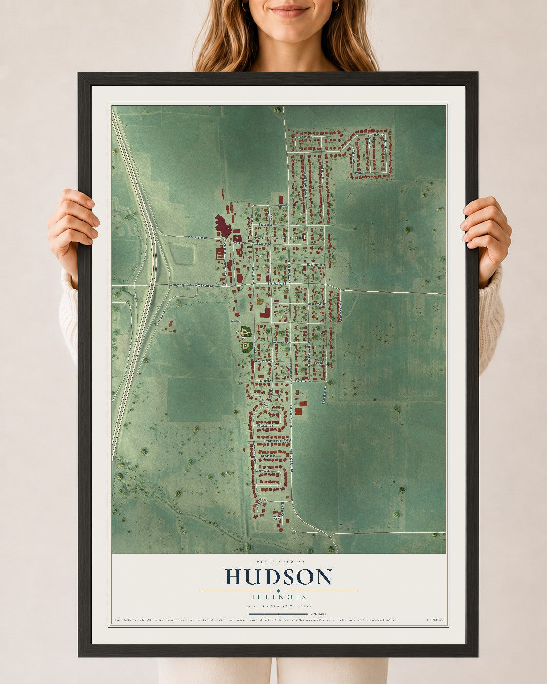 Map of Hudson, Illinois, 24 x 36 inch print in a black wood frame