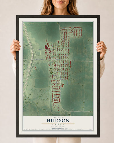 Map of Hudson, Illinois, 24 x 36 inch print in a black wood frame