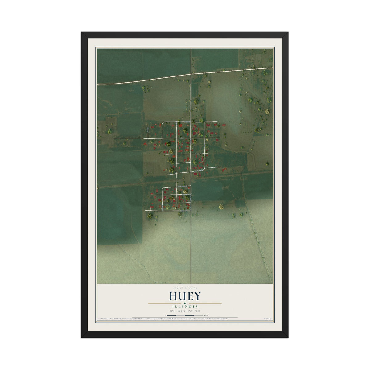 Map of Huey, Illinois, 12 x 18 inch print in a black wood frame