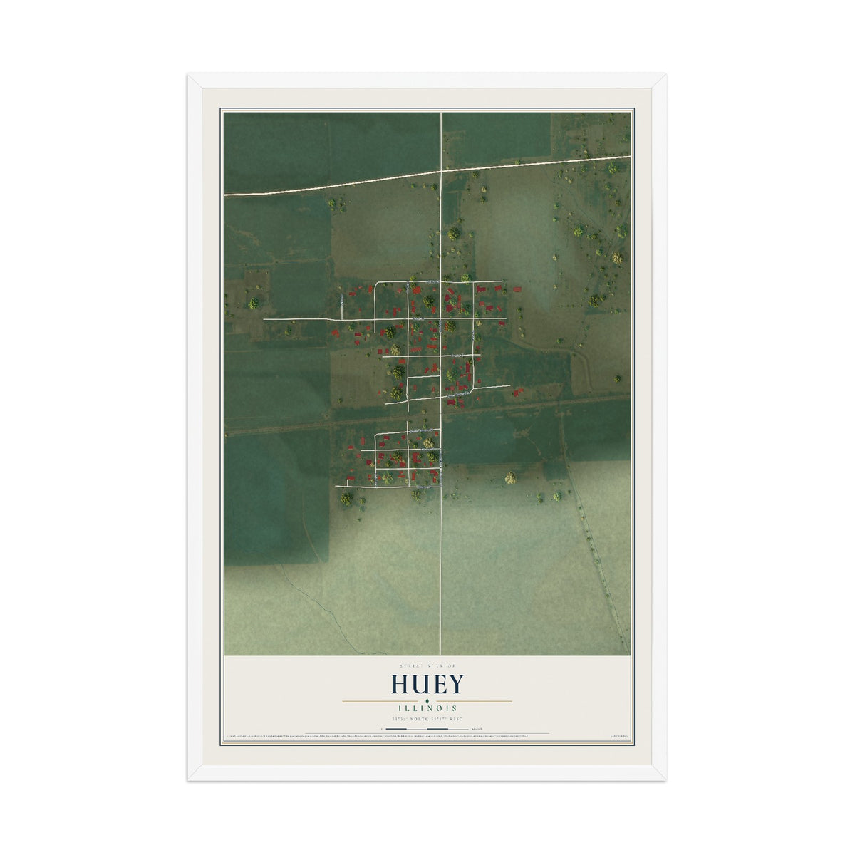 Map of Huey, Illinois, 12 x 18 inch print in a white wood frame