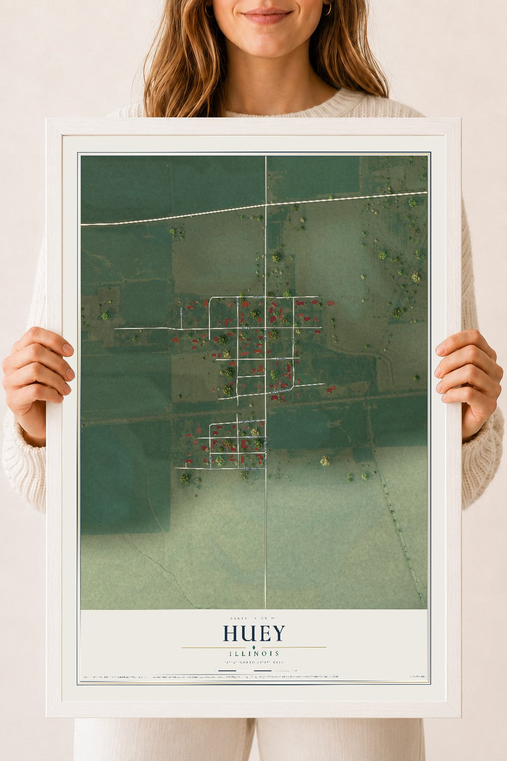 Map of Huey, Illinois, 18 x 24 inch print in a white wood frame