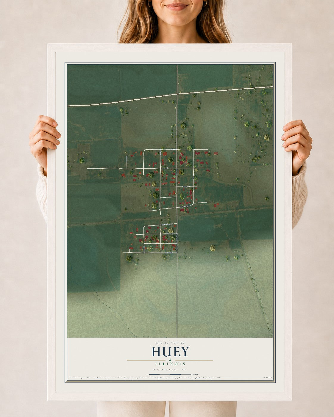 Map of Huey, Illinois, 24 x 36 inch print in a white wood frame
