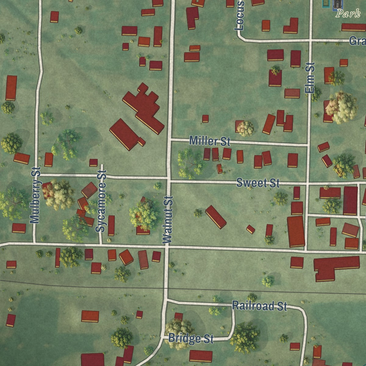 Close-up of the map of Hull, Illinois print showing street and building detail
