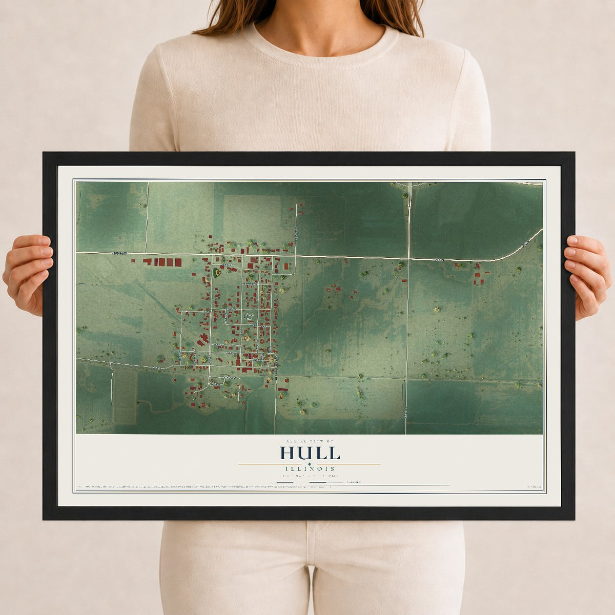 Map of Hull, Illinois, 12 x 18 inch print in a black wood frame