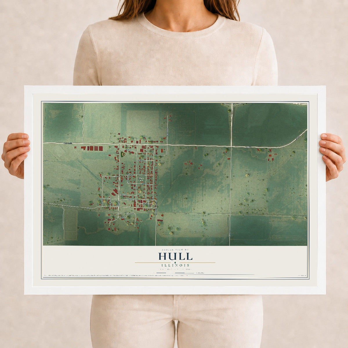 Map of Hull, Illinois, 12 x 18 inch print in a white wood frame