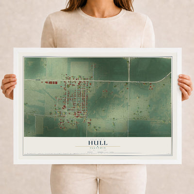 Map of Hull, Illinois, 12 x 18 inch print in a white wood frame
