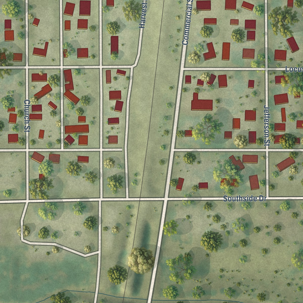 Close-up of the map of Humboldt, Illinois print showing street and building detail