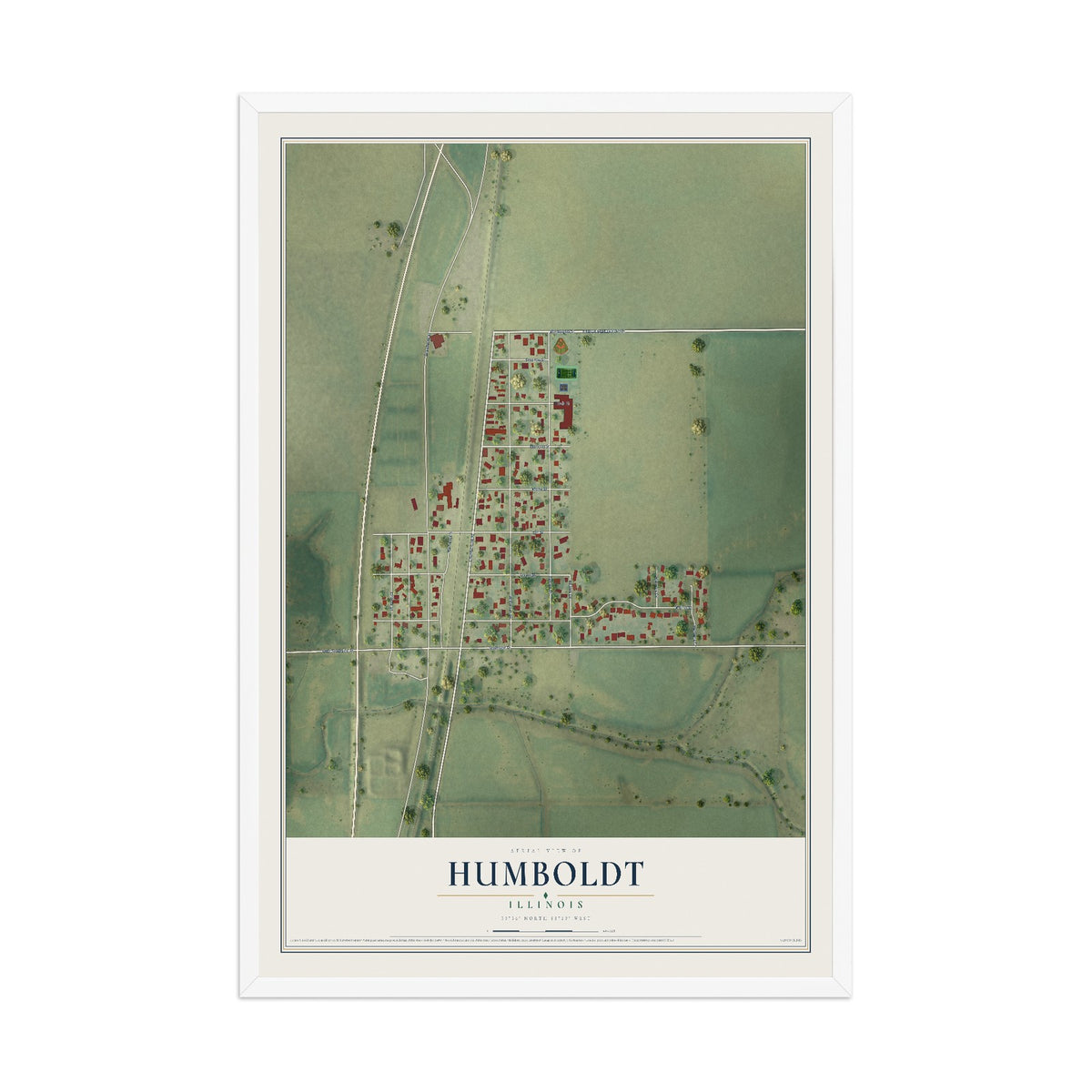 Map of Humboldt, Illinois, 12 x 18 inch print in a white wood frame