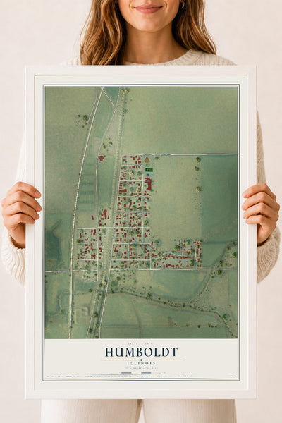 Map of Humboldt, Illinois, 18 x 24 inch print in a white wood frame