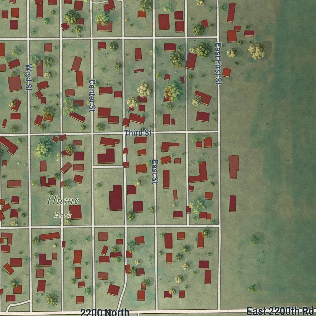 Close-up of the map of Hume, Illinois print showing street and building detail